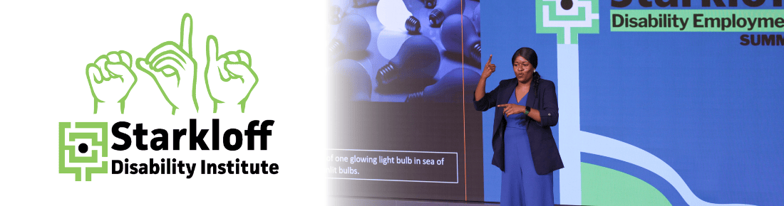 D_HH Website Page Banner Image 1100×290 Starkloff logo with SDI fingerspelled next to image of Dr. Amie Fornah Sankoh on stage delivering the closing keynote of our 2023 Disability Employment Summit in ASL