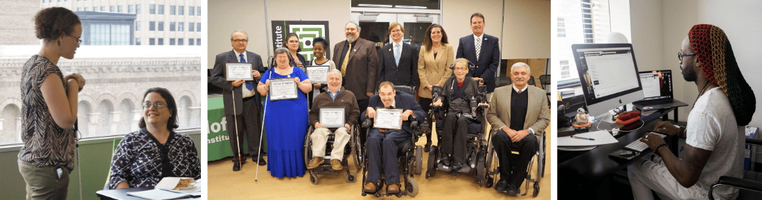 SCA Page Banner 1100×290 Collage of 3 photos: 2 professionals in conversation, a Career Academy cohort graduation, and a professional working from home on multiple computer screens. Some people are using mobility aids.