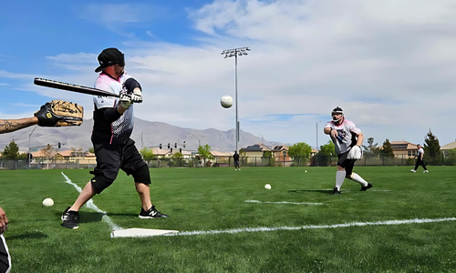 A player wearing a blindfold waits for the pitch midway through the air during BeepBall batting practice.
