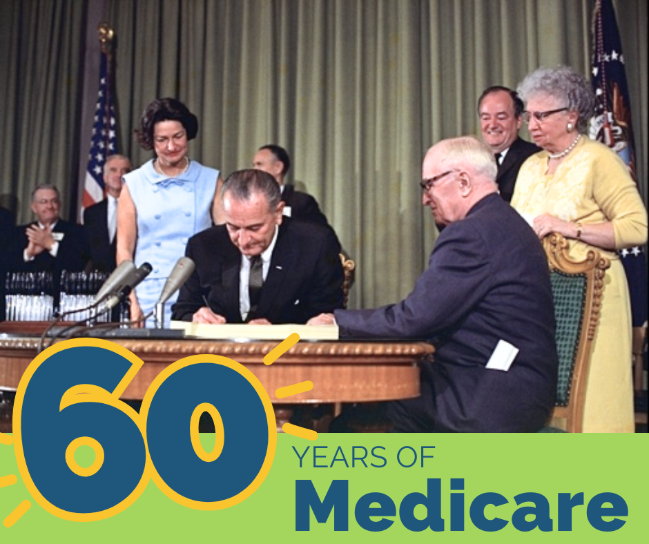 60 Years of Medicare. President Johnson signs bill as President Truman and their wives watch.