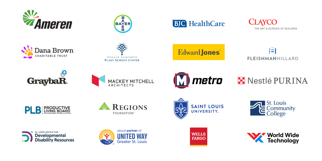 2025-camp-report-partners Logos for several companies and organizations: Ameren, Bayer, BJC HealthCare, Clayco, Dana Brown Charitable Trust, Donald Danforth Plant Science Center, Edward Jones, FleishmanHillard, Graybar, Mackey Mitchell Architects, Metro, Nestlé Purina, PLB: Productive Living Board, Regions Foundation, St. Louis Community College, St. Louis University, St. Louis Office for Developmental Disability Resources, proud partner of United Way Greater St. Louis, Wells Fargo, World Wide Technology.