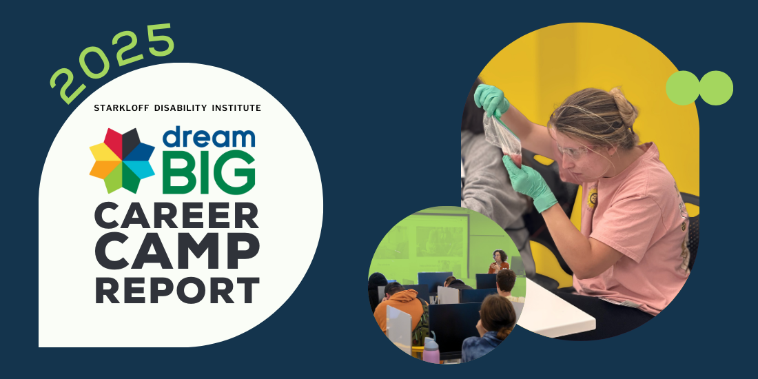 2025 Dream Big Camp Report. Student in safety glasses and rubber gloves examining the strawberry they are about to extract DNA from. Students learning in a computer lab.