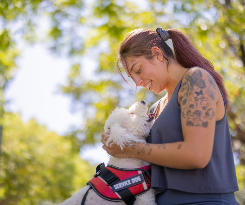 Person lovingly scratching their service dog behind the ears.