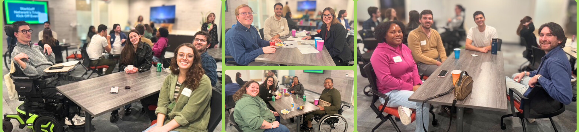 Collage of photos from Starkloff Network kickoff event showing young adults with and without apparent disabilities laughing and talking together.